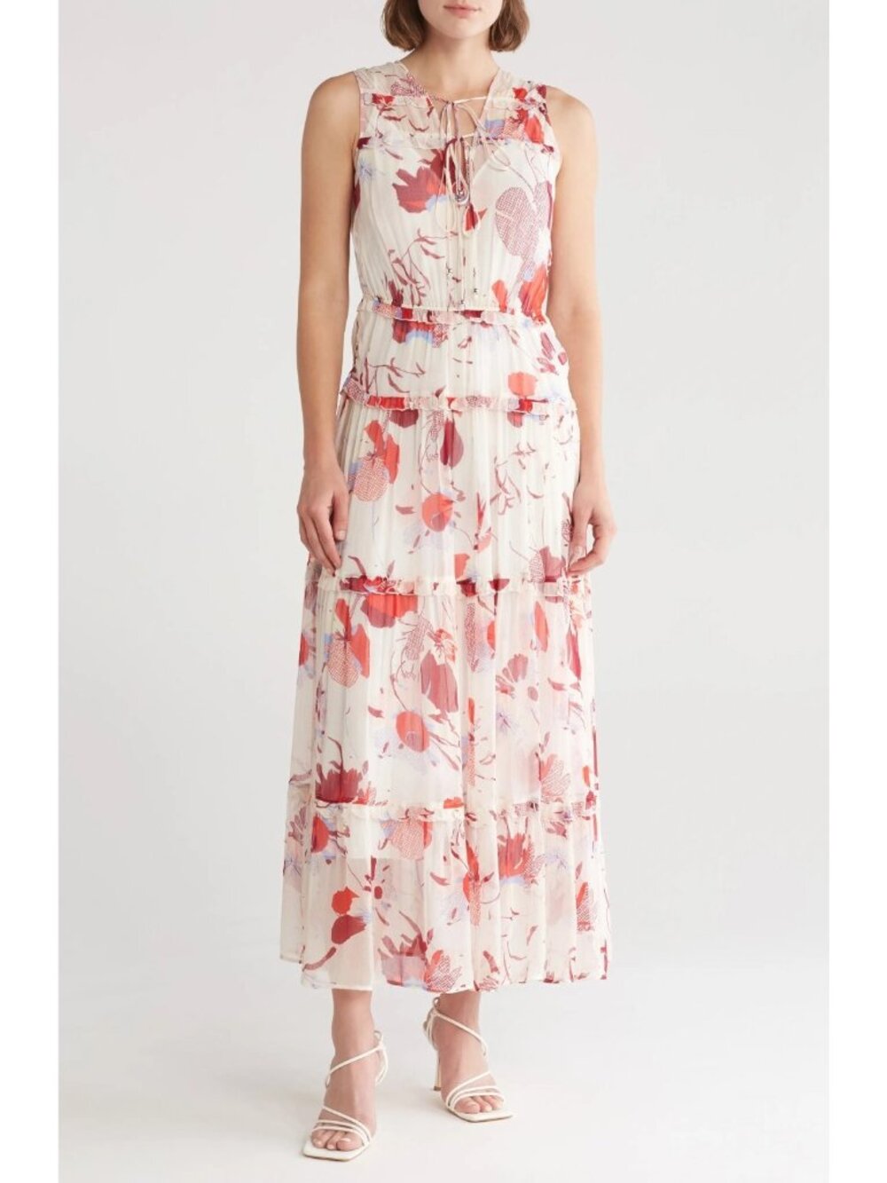 HUGO BOSS Dabeata Women's Sleeveless Tiered Maxi Dress in White Floral Size 4 - Picture 1 of 4